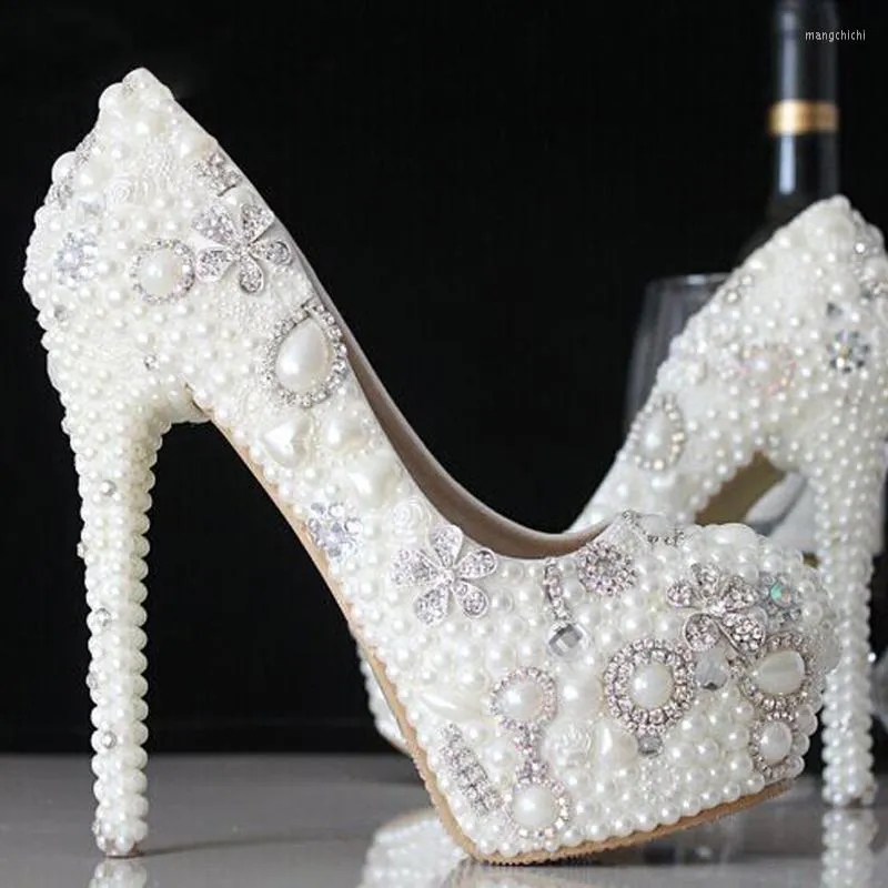 Dress Shoes Fashion Crystal Pride Pedding High Heel Pumps Stunning Rhinestone Pearl Wedding Pregnant