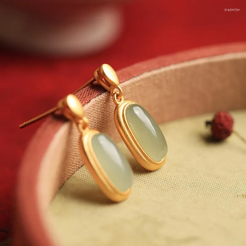Stud Earrings Woman 18K Real Gold Koreaanse ontwerper Luxe Natural Jade For Women Brincos Pendientes Bijoux