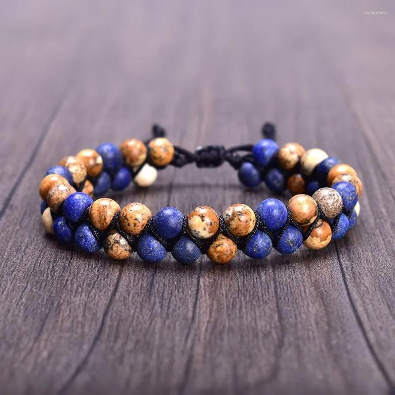 Strang Naturstein Schmuck 6mm Lapislazuli und Bild Jaspis Männliches Armband Geflochtene Doppelschicht Einstellbar Für Männer