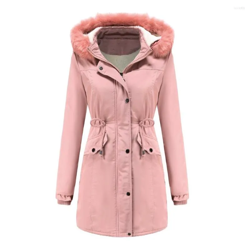 Trench da donna Giacca lunga da donna calda invernale Polsino elastico Cappotto in cotone con cappuccio rosa Parka Moda Capispalla con lacci a vita all'aperto