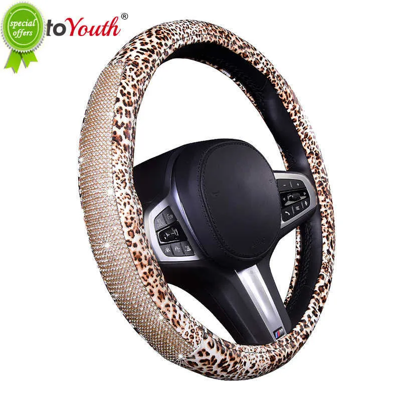 New Diamond Steering Wheel Cover for Women with Bling Crystal Rhinestones Gold Leopard Pattern Leather Universal Fit Size 37-39cm