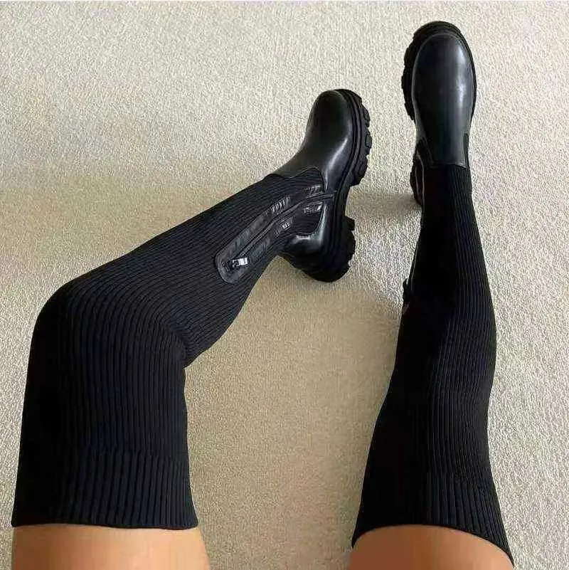 2023 Outono Novos Sapatos Femininos Moda Meias Sapatos Feminino Casual Tamanho Grande Tricô LongBoots Chunky Heel Ladies Stretch Boot