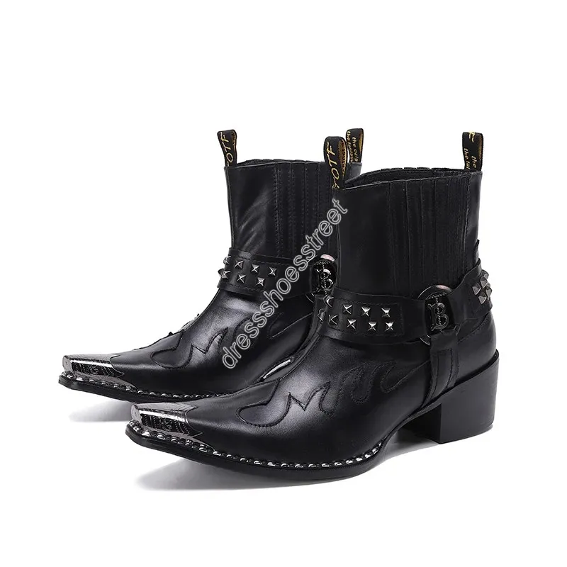 Rock Genuine Leather Ankle Men Boots Western Cowboy Men Boots Pointed Toe Iron Head Black Riding/Motorcycle Party Botas
