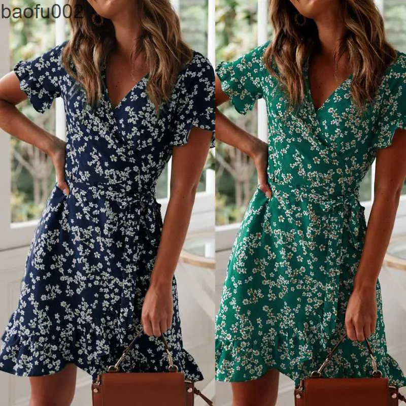 Abiti casual Abiti da donna Estate 2023 Sexy scollo a V Stampa floreale Boho Beach Dress Ruffle Manica corta Una linea Mini abito Vestito estivo Abito W0315