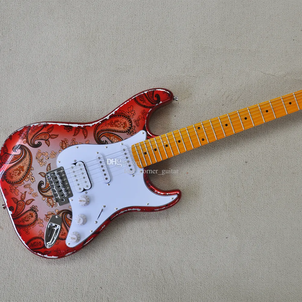 6 Strings Red Electric Gitara z specjalną naklejką żółtą klonową fretboard ssh pickupy konfigurowalne