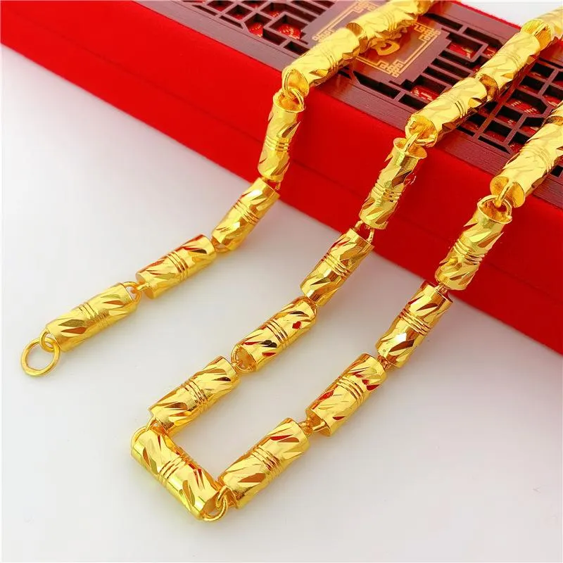 Chains Carved Cylindrical Chain Solid Copper Gold Plated Necklace Mens Bamboo Joint Hip Hop Cool Jewelry Gift