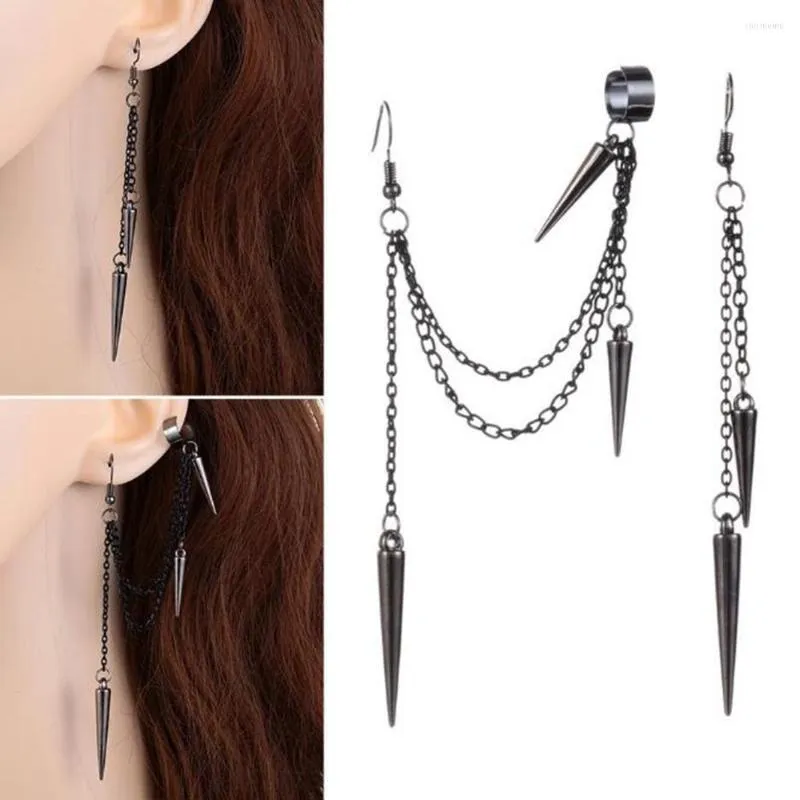 Dos boucles d'oreilles mode asymétrique longue chaîne gland cône acrylique pointes déchirure Rivet pour les femmes Hip Hop oreille Clips Punk goujons boucle d'oreille