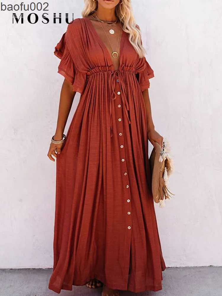 Abiti casual Summer Beach Maxi Dress Women Boho Long Bikini Cover Up Abiti a vita alta Casual con scollo a V Abiti bianchi sexy Vestidos De Mujer W0315