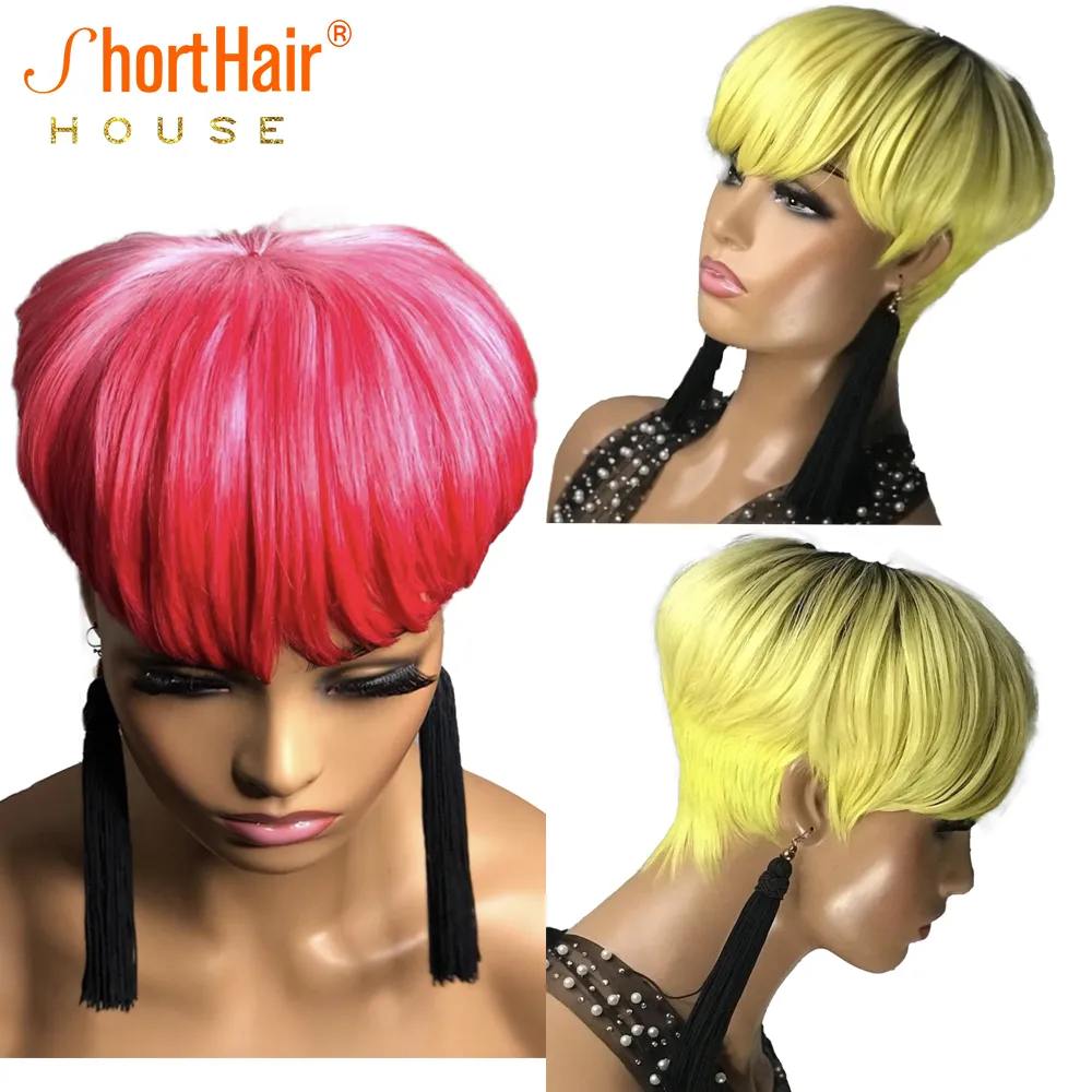 Pixie de cor curta corta direta Bob Human Hair Wig For Women Brazilian Remy Hair Hairless Glueless Pink Loiro Pedras baratas