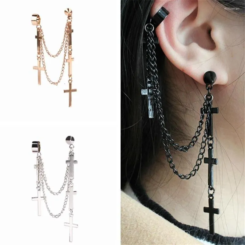 Backs oorbellen Gothic Punk Style 1 PCS Fashion Cross Tassel Chains for Men and Women Hendant Ear Clip Jewelry Girl