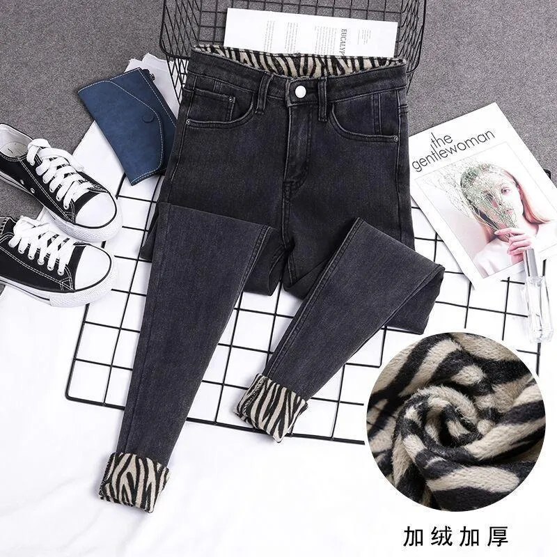 Jeans da donna Plus Fleece Stretch Zebra Leopard Print Interno Donna 2023 Inverno a vita alta Piedini Madre