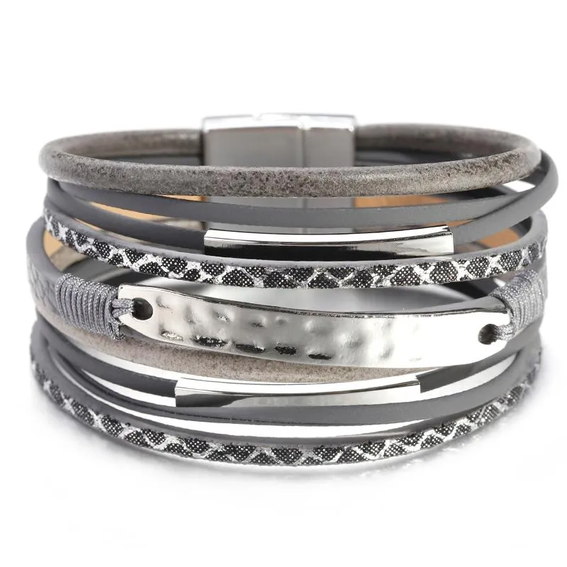 Bracelets de charme Amorcome moda de couro com corda com corda multicamada com barra de metal para mulheres garotas de jóias magnéticas jóias