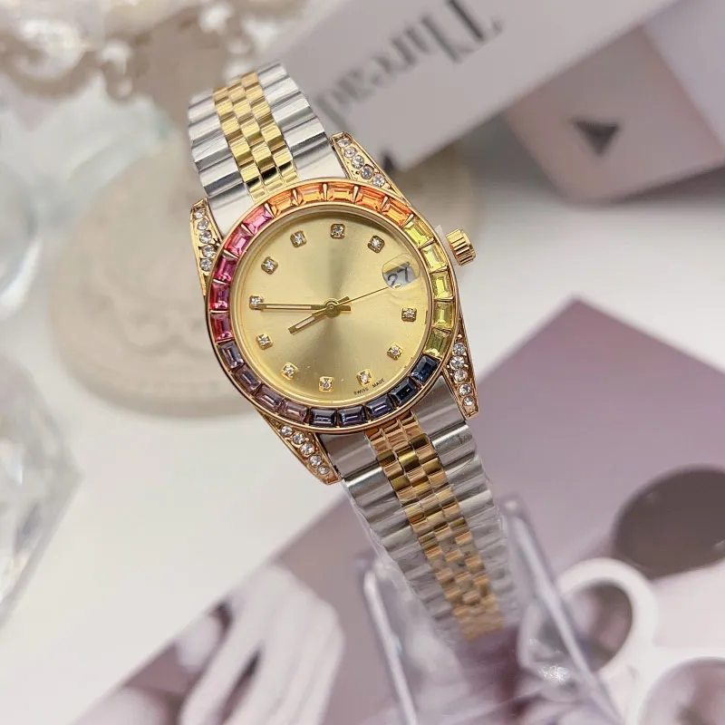 Relógio feminino de luxo com strass, diamante, ouro, relógios femininos, relógios de pulso de marca superior, pulseira de aço inoxidável 31 mm à prova d'água para mulheres, presente de dia dos namorados