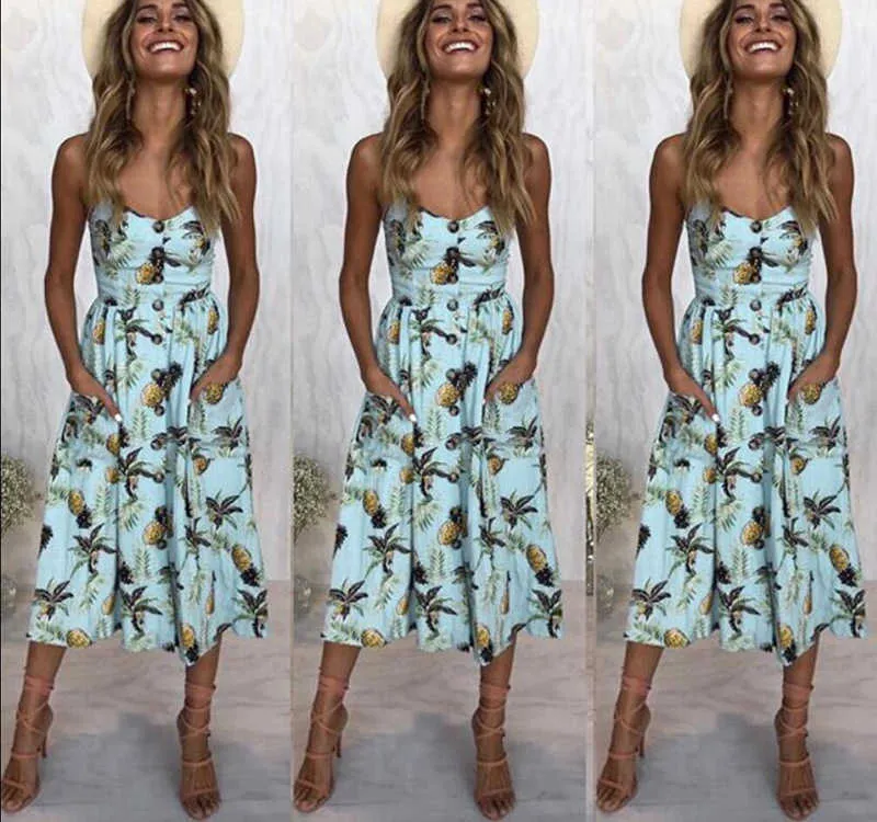 2018 New LOSSKY Women Print Floral Stripe Bohemian Dress V-Neck Sleevele Sexy Button Beach Casual Boho Midi Dress Plus Size 3XL