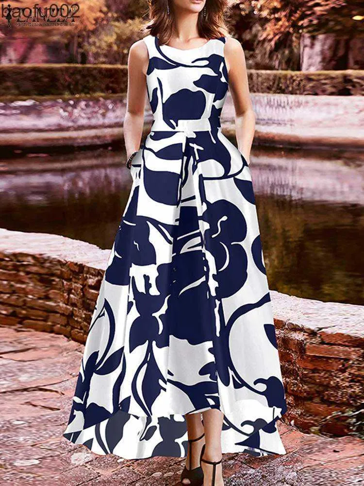 カジュアルドレスザンゼア夏の女性非対称裾ミディサンドレスボヘミアンフローラルホリデーベスティドスエレガントなノースリーブの印刷ドレスローブW0315