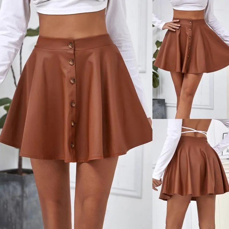 Faldas Mujer cintura alta imitación cuero A-Line plisada Mini falda patinadora cierre de botón frontal Color sólido llamarada ropa de calle