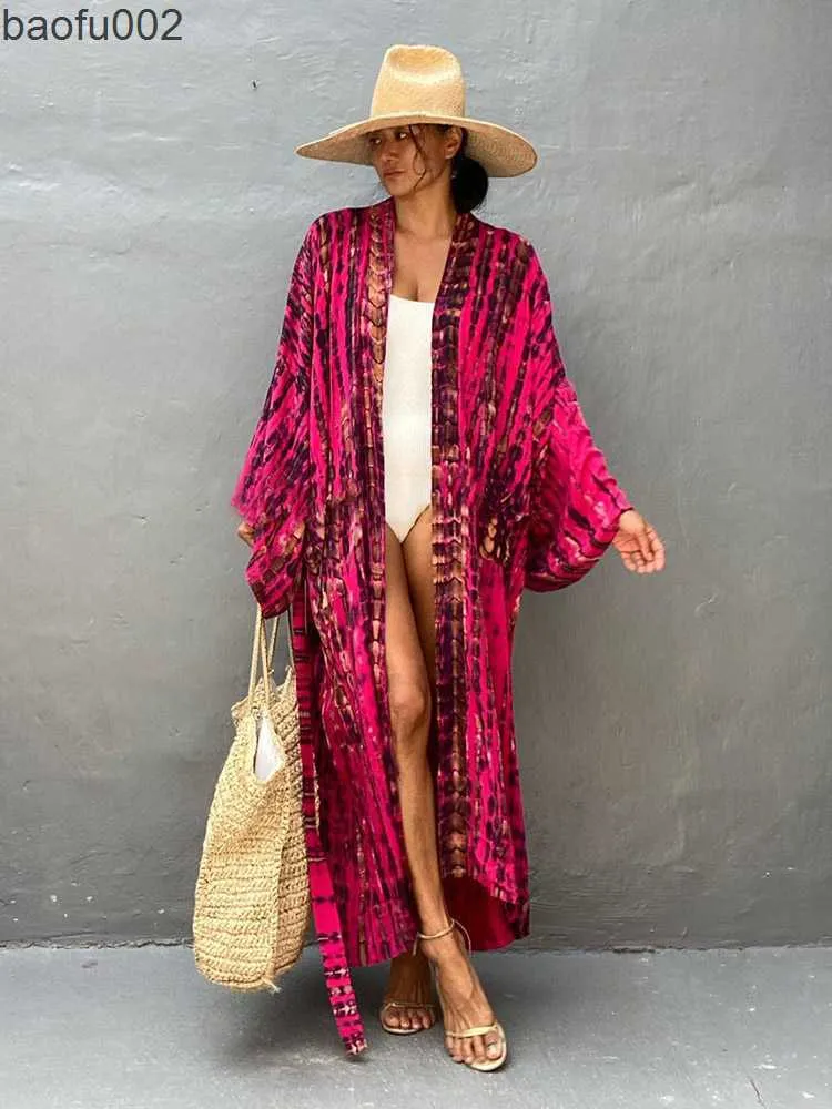 Casual Dresses Boho Stripe Tie Dye Swimsuit Cover Up With Belt Tunic Sarong Cardigan Dress 2023 Women Bikini Cover-Ups Beach Wear Kimono Pareo W0315