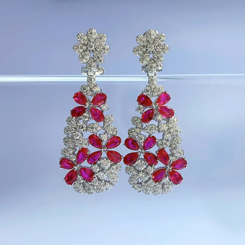 Värdefull 100% verklig 925 Sterling Silver Dangle Earring Ruby Diamond Jewelry Engagement Wedding Drop Earrings for Women Bridal