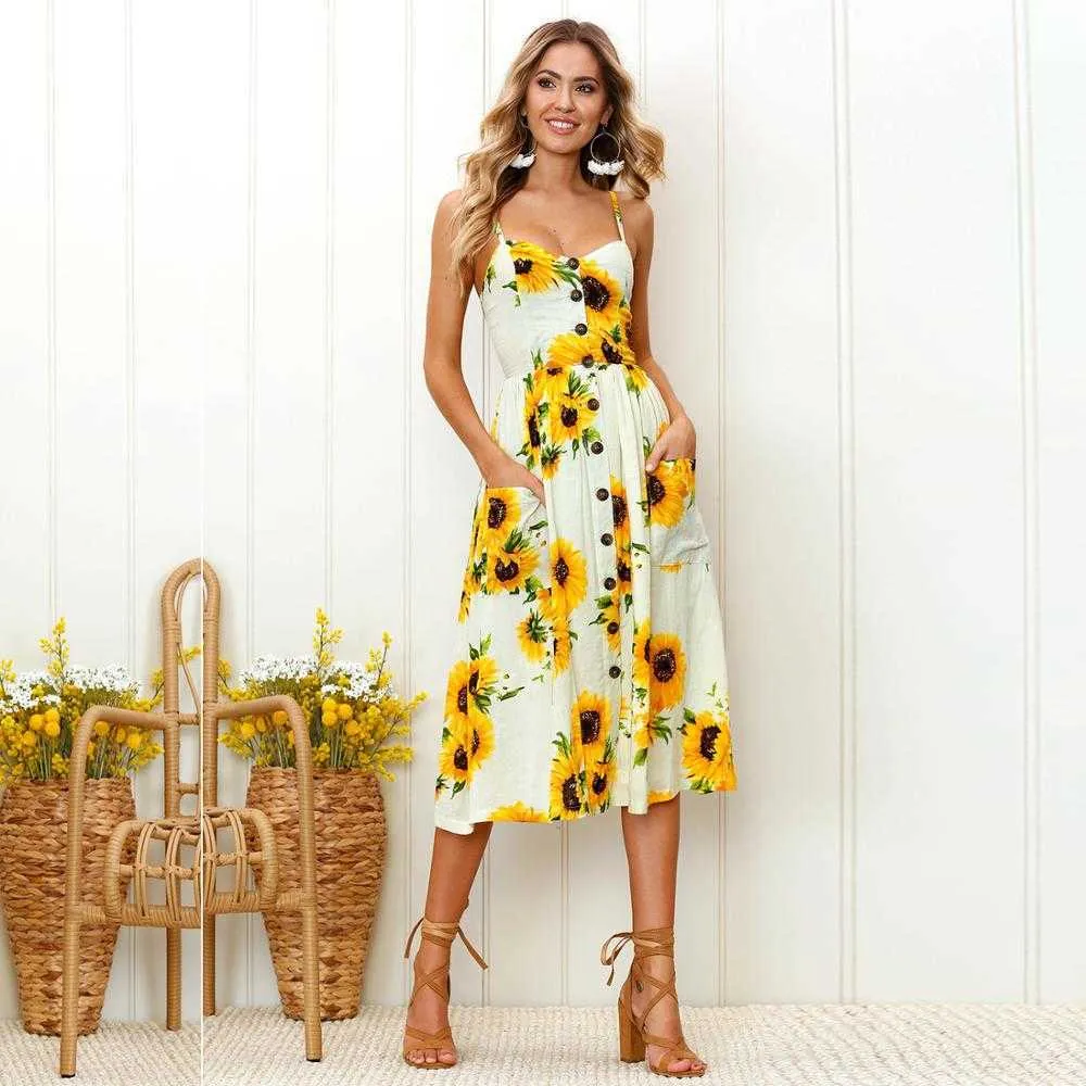 2018 New LOSSKY Women Print Floral Stripe Bohemian Dress V-Neck Sleevele Sexy Button Beach Casual Boho Midi Dress Plus Size 3XL