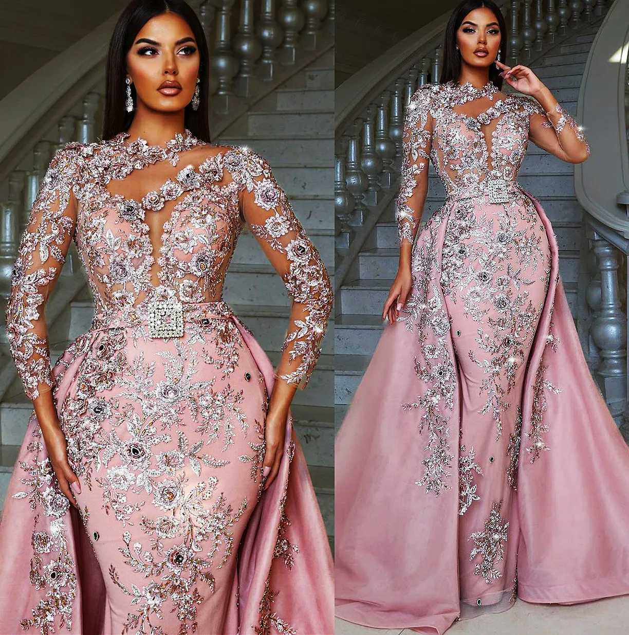 Arabic Pink Ebi Aso Mermaid Prom Dresses D Floral Appliques Evening Formal Party Second Reception Birthday Engagement Gowns Dress ZJ Ress ress