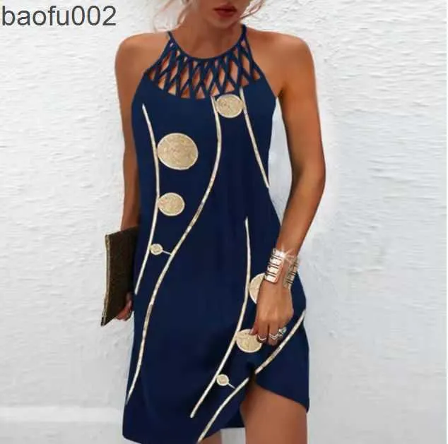 Casual klänningar kvinnor sexig klänning 2022 sommar mode ihålig ärmlös tryck strand mini klänningar kvinnliga vintage elegant boho festklänning vestido w0315