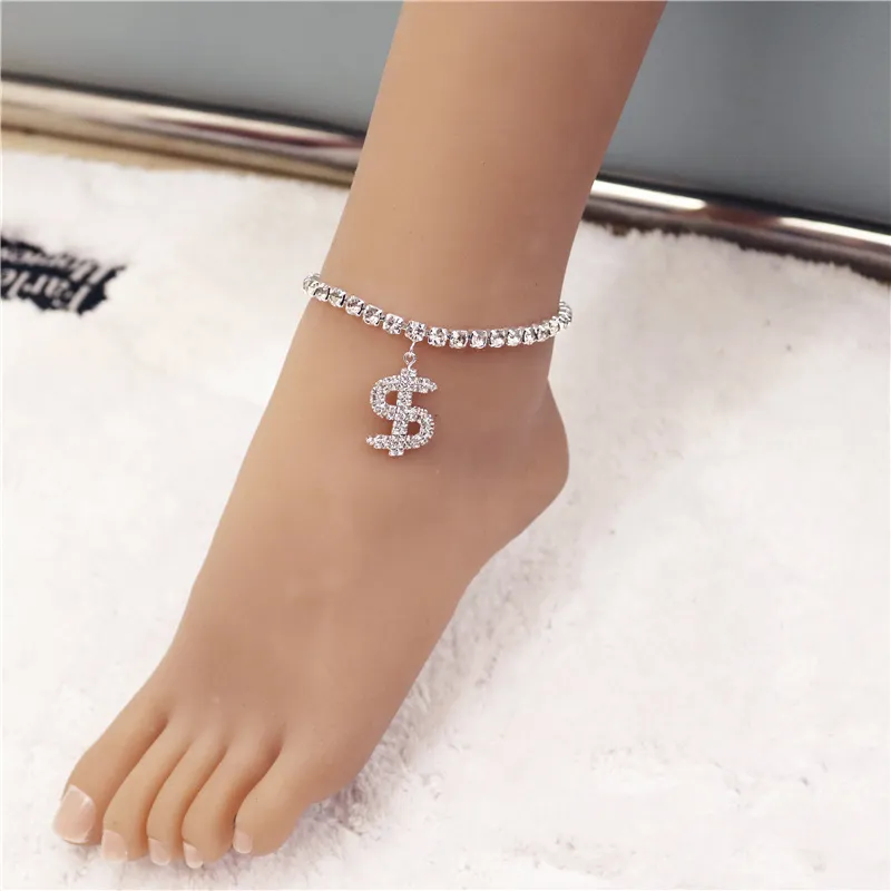 Festlig mångsidig strass USD Pengar Ankletkedjor Full Diamond Personlighet Fötter Kedja Europeisk och amerikansk tillbehör Girl Body Chain 2st/Set