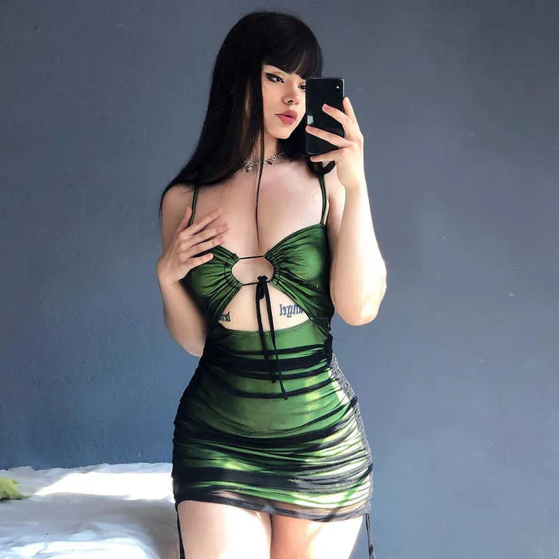 Casual Dresses Women Sexy Black Mesh Patchwork Bodycon Mini Party Dresses Spaghetti Strap Green Lace Up Y2K Robe Dress for New Year 2022 Z0216