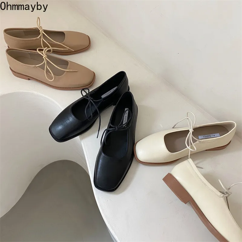 Dress Shoes Designer Women Loafers Single Leahter Shoes Fashion Lace Up Female Round Toe Shallow Flats Elegant Woman Footwear 230314