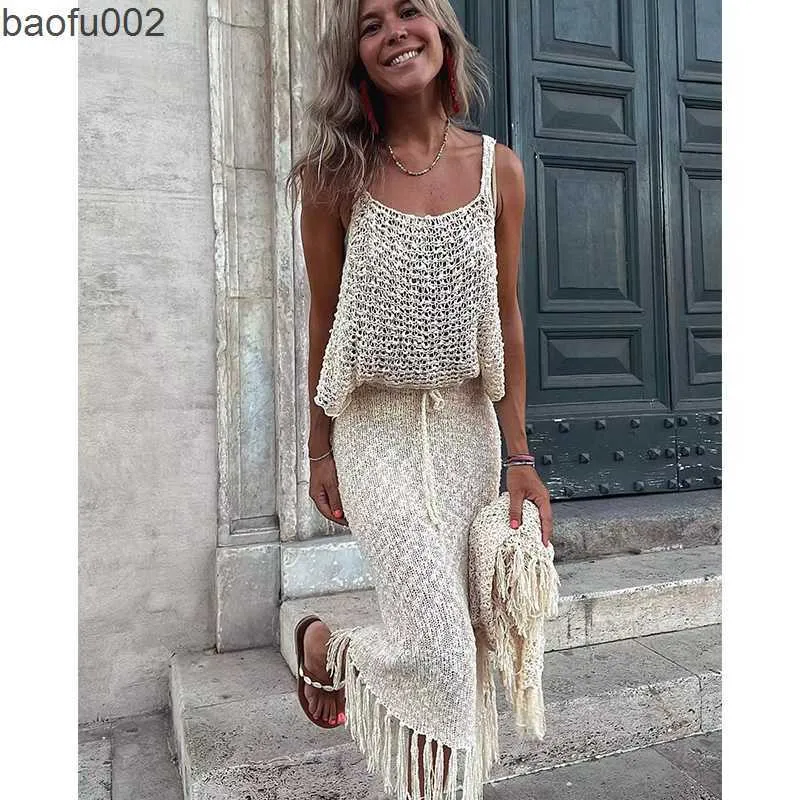 Vestidos casuales 2023 Encubrimientos Punto Sexy Ver a través de malla Cubierta de playa Camisola de verano Blusa Borla Falda larga Conjunto de dos piezas Vestido ahuecado W0315