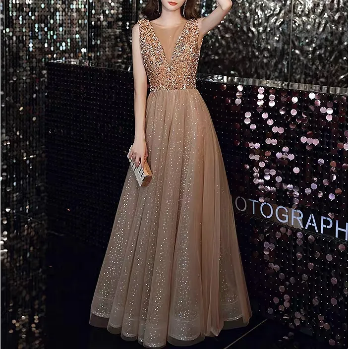 Flowy Sequined Gold Tulle Aline Long Formal Dress with Illusion Neckline  MX16038 