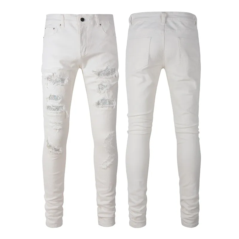 Man jeans herenontwerper skinny jeans heren jeans zwarte broek scheur denim biker grijs teen slanke fit rek motorfiets bot Halloween rechte spray gescheurde vlekken