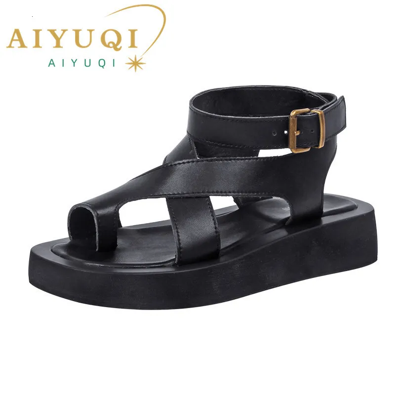 Sandales AIYUQI sandales femmes en cuir véritable été Clip orteil sandales dames romaines femmes chaussures Muffin sandales WHS MTO 230314