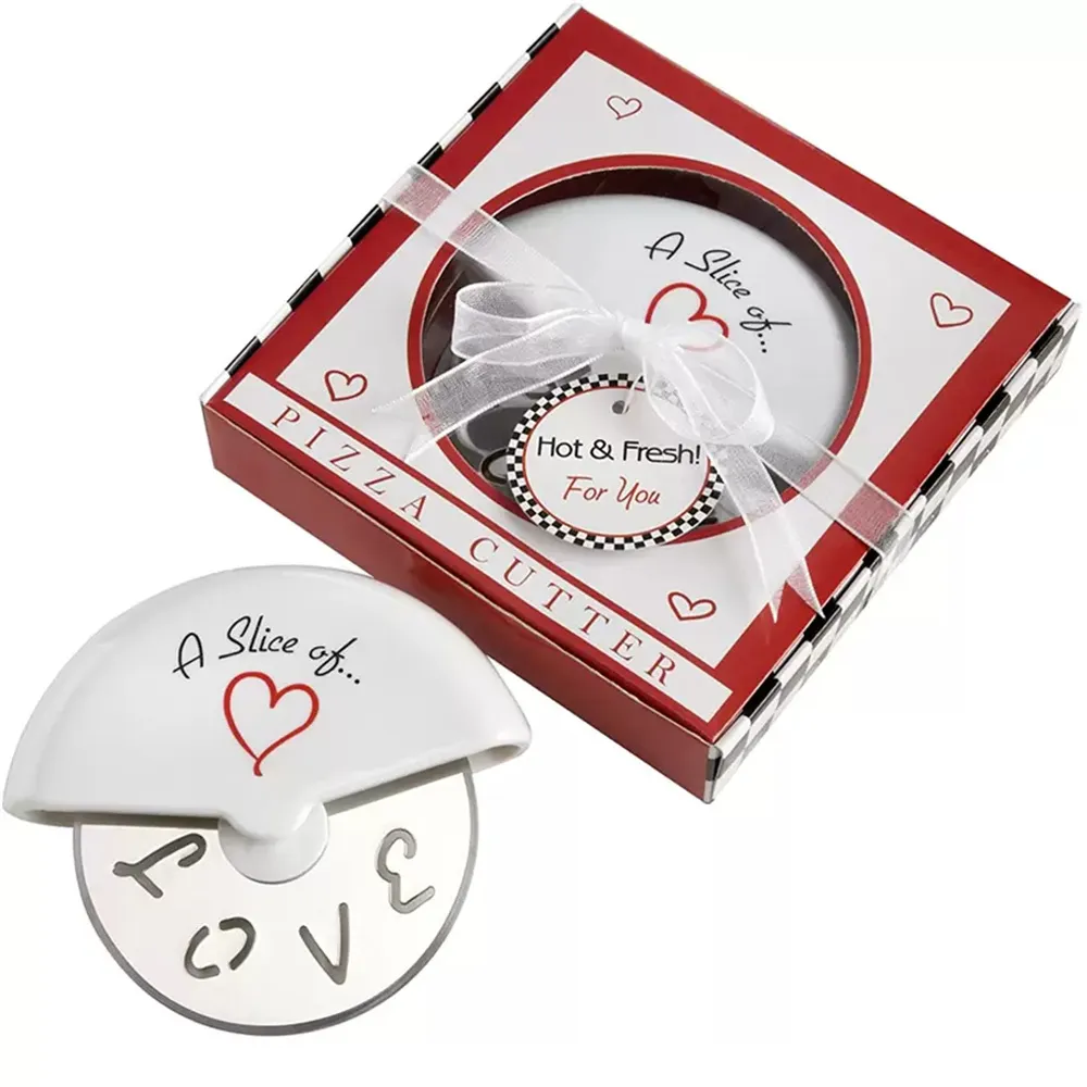 Konditoriverktyg "en skiva av kärlek" rostfritt stål pizza cutter i miniatyr pizza box baby shower gåvor bröllop gynnar