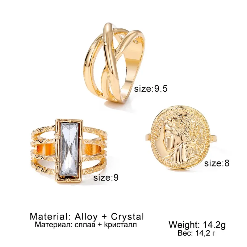 Set anneaux vintage pour femmes hommes portrait Coin Crystal Twisted Hollow Out Ring Fashion Bijoux de bijoux