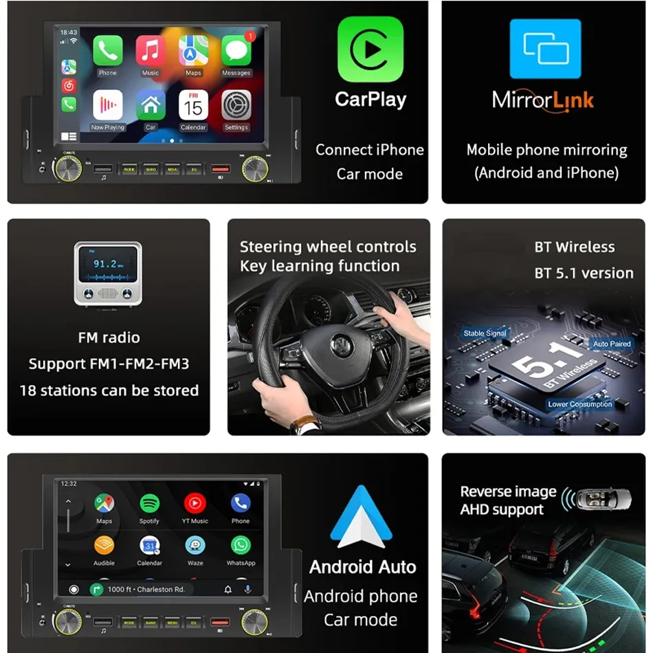 6,2 Zoll CarPlay Auto Video 1 Din Bluetooth Radio Android Auto MP5