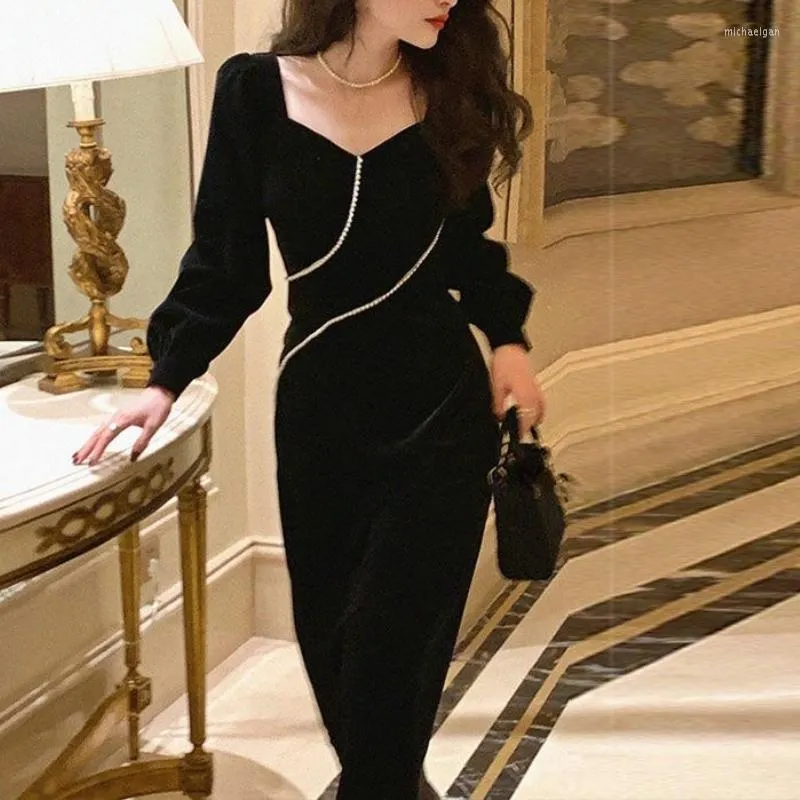 Casual Kleider Vintage Midi Kleid Frauen Abend Party Ein Stück Koreanische Langarm Samt Y2k Büro Dame Kleidung 2023 Winter chic