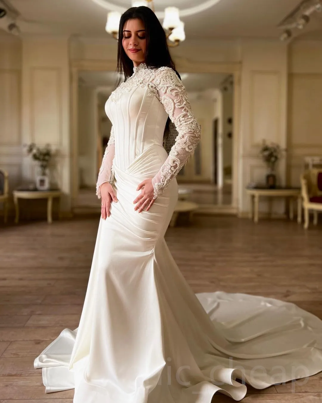 2023 Arabic Aso Ebi Mermaid Satin Wedding Dress Lace Beaded Long Sleeves Ivory Bridal Gowns Dresses ZJ0550