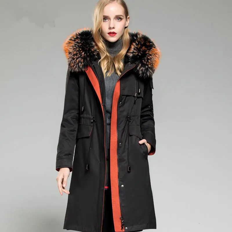 Dames bont faux winterjack dames parka echte jas vrouwelijke voering warme wasbeer kraag lang my4368