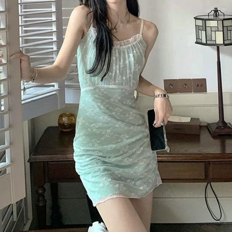 Casual Dresses Elegant Vintage Dress Women Sexy Lace Folds Slim Mini Camisole Evening Party 2023 Summer One Piece Korea Kawaii Thin