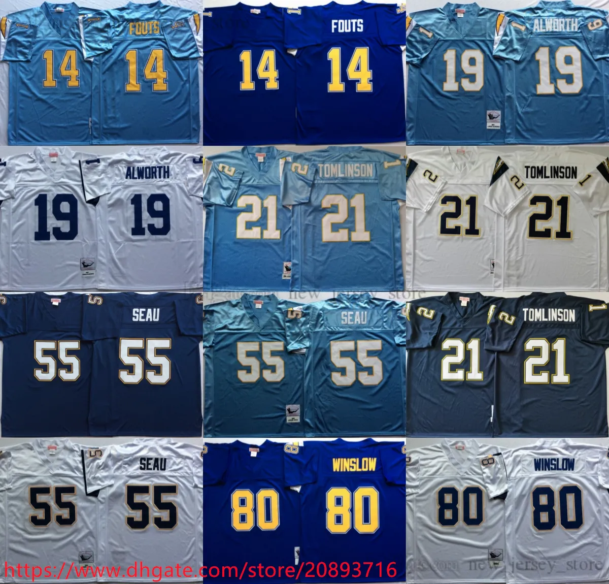 NCAA Throwback 21 Ladainian Tomlinson Football Jerseys Retro Stitch 55 Junior Seau 14 Dan Fouts 19 Lance Alworth 80 Kellen Winslow Jersey Blue White