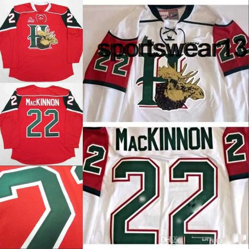 Halifax Mooseheads #22 Nathan Mackinnon Hockey Jersey Aangepast Witte rode 100% gestikte borduurhokhokjerseys