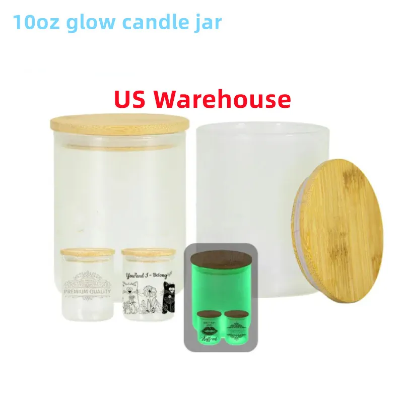 US Warehouse 10oz Sublimatie Kaarsenhouder Jar Glow in het donker met bamboe -deksel Frosted kaarse Cup Was Cream Geurende Tumbler Glass Bottle Decoracion B5