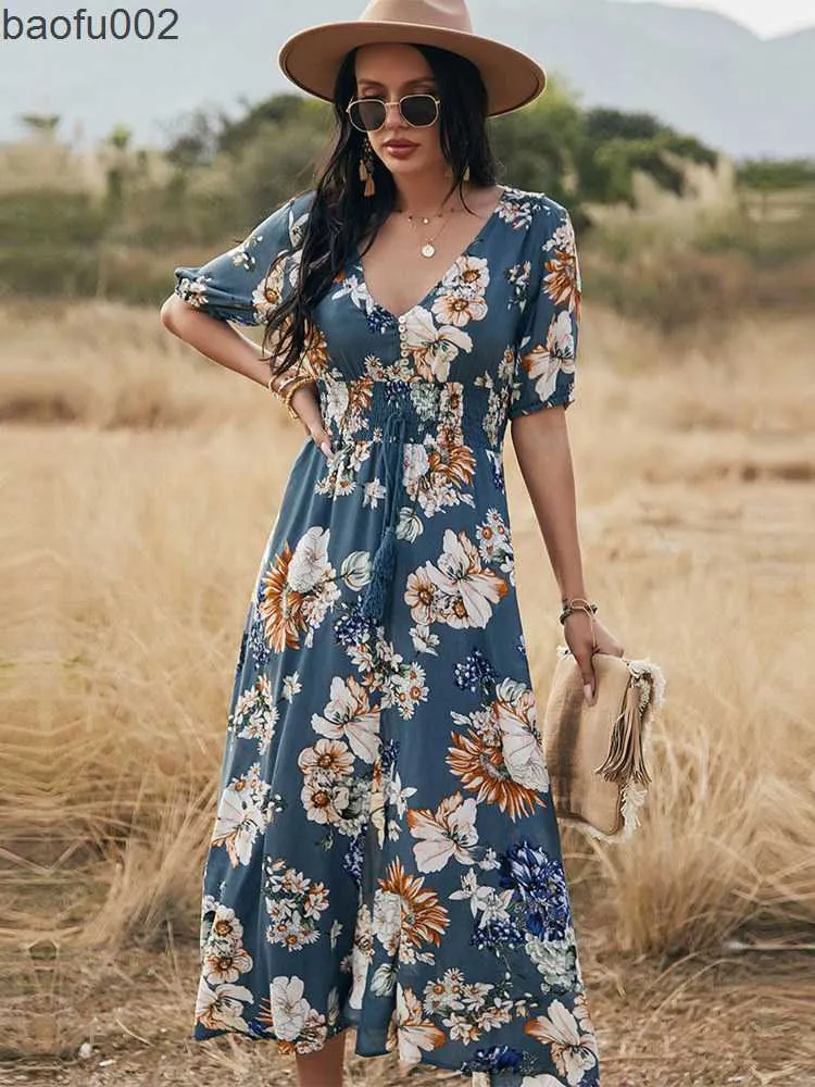 Casual Dresses MSFilia Spring Summer Long Floral Bandage Dress Women Sexy V Neck Slim High midje Ladies A Line Print Maxi Dresses W0315