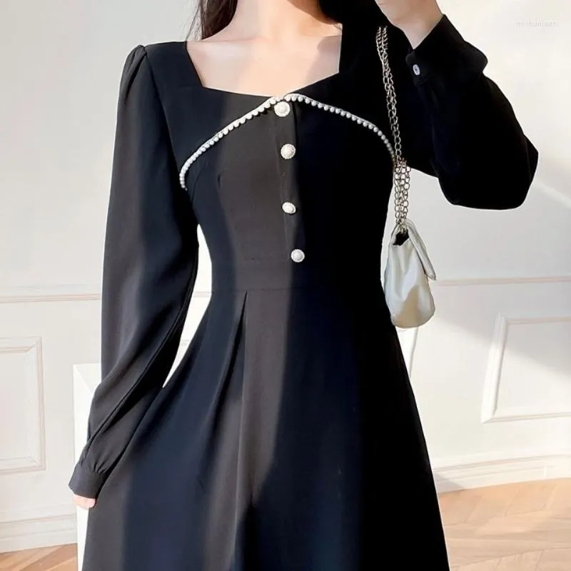 Casual Dresses French Vintage Midi Dress Office Lady Long Sleeve Black Elegant Korean Fashion Causal Sweet Women Party 2023 Autumn