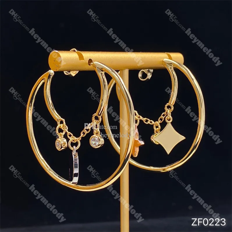 Orecchini a bottone a forma di trifoglio di lusso Orecchini a cerchio in oro con diamanti Orecchini a pendente a cerchio grande Orecchini a forma di trifoglio di cristallo Ciondolo con scatola Regalo per amante di compleanno