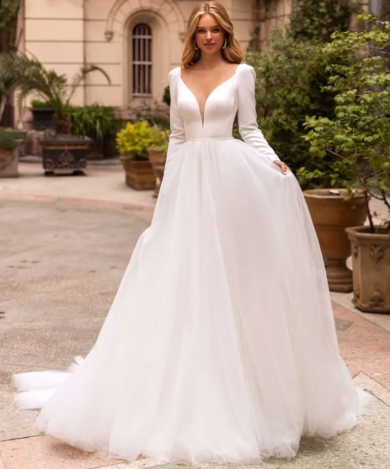 Robe De mariée élégante, ligne a, col en V, manches longues, traîne De balayage, Tulle, grande taille, 2024