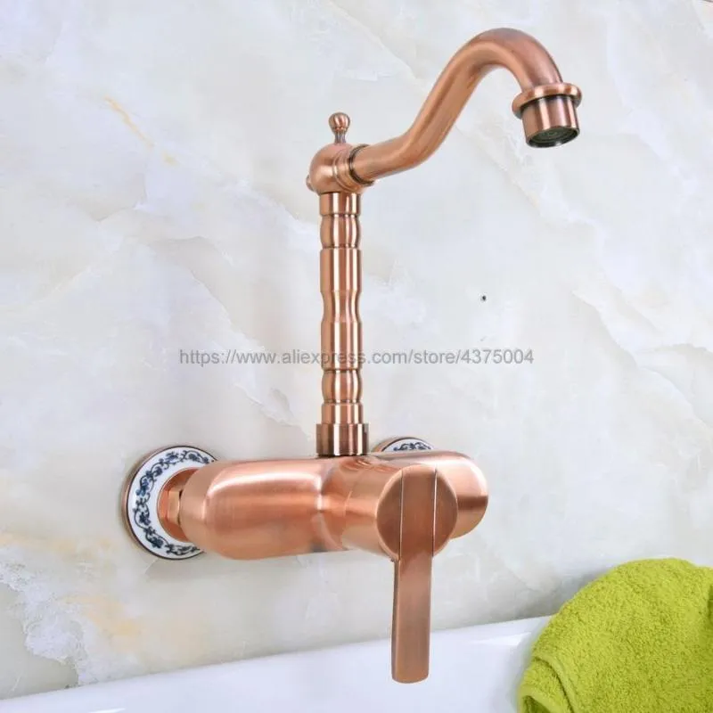 Bathroom Sink Faucets Red Copper Antique Single Handle Vessel Basin Faucet Wall Mounted Mixer Tap Brass Bath Nnf939
