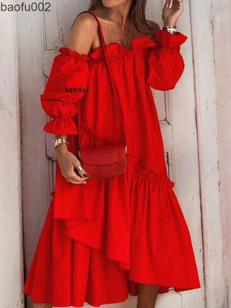 Casual Dresses VONDA Summer Robe Sexy Off Shoulder Party Dress 2023 Women Long Sleeve Irregular Hem Lace Pleated Bohemian Beach Midi Sundress W0315