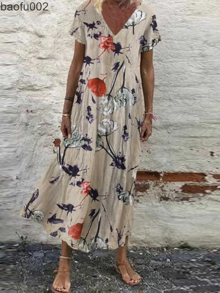 Sıradan Elbiseler Büyük boyutlu kadın çiçek sundress Zanzea 2023 Kaftan Baskılı Yaz Elbise Kısa Kollu Maxi Vestidos Kadın Gündelik Çöp Femme W0315