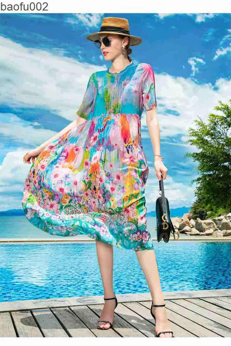 Casual Dresses Ladies Boho Print Floral Silk Midi Dress 2022 Koreansk version Retro Casual Party Dress Spring Summer New Light Elegant Beach Sun W0315